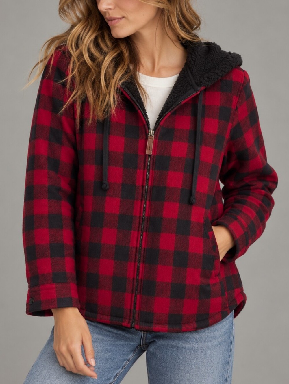 L.L. Bean Relaxed Fit Buffalo Plaid Sherpa Lined Hooded Jacket Womens Size Small